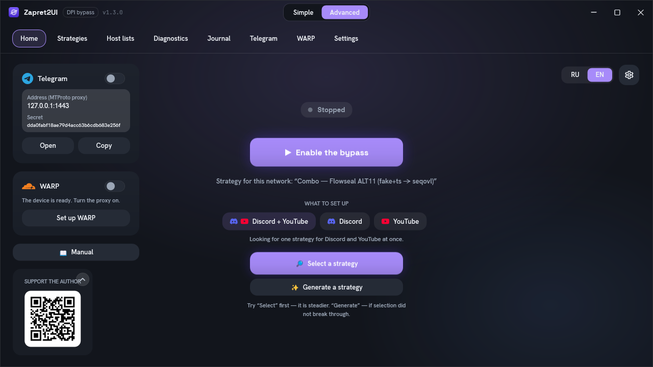 The Home tab in advanced mode: the bypass toggle, the state, the target selector, the Telegram and WARP cards, the selection and generation buttons
