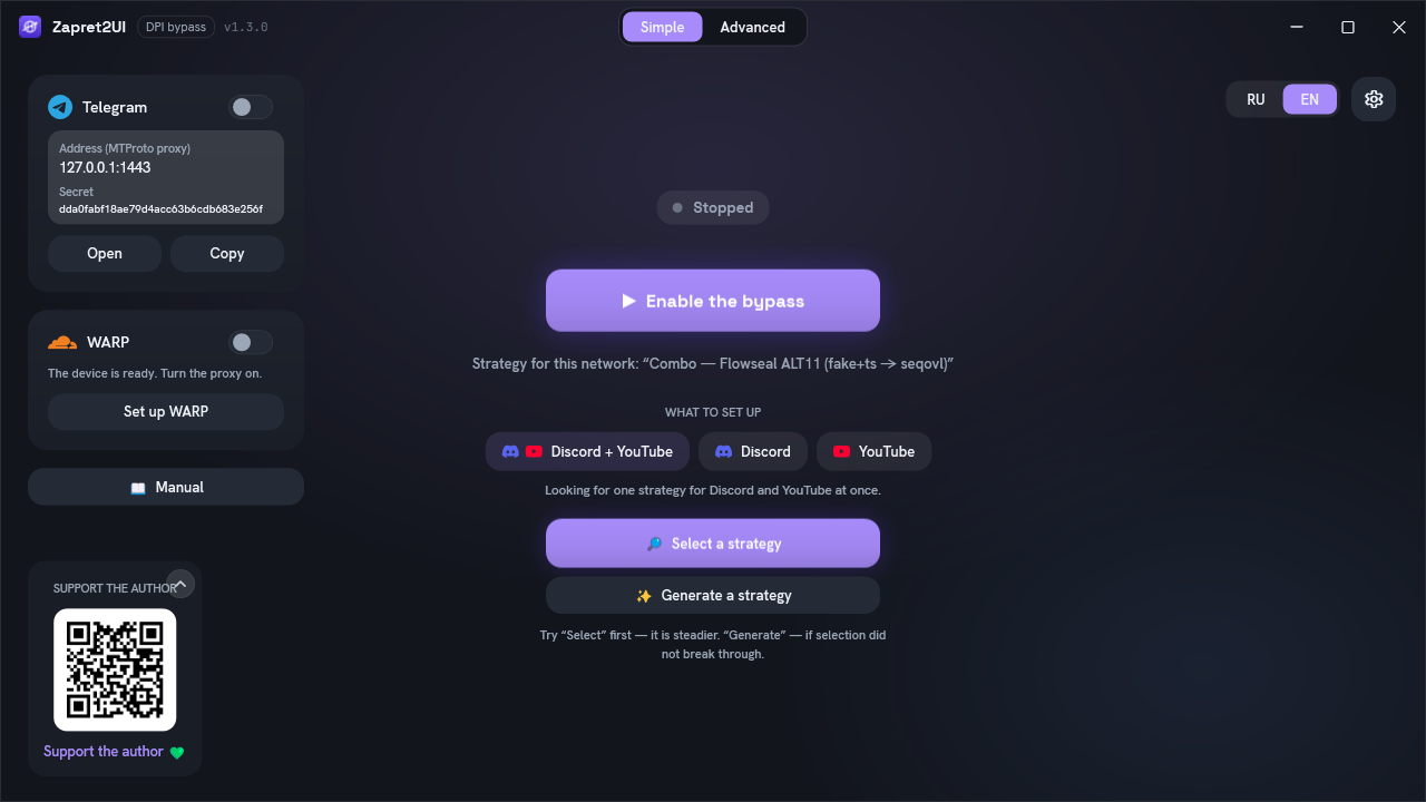 The Zapret2UI main screen in simple mode: the bypass toggle, the Telegram and WARP cards, target selection and the selection buttons