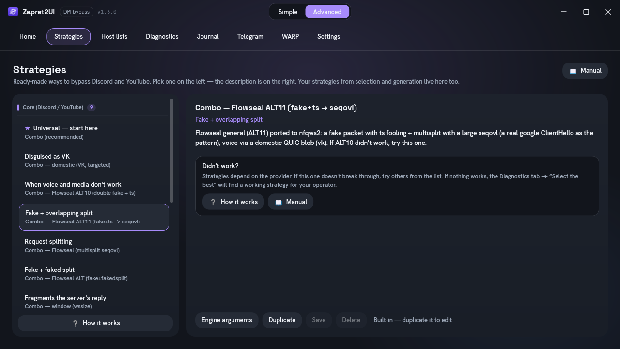 The Strategies tab: a list of ready-made strategies with short captions and an Apply button