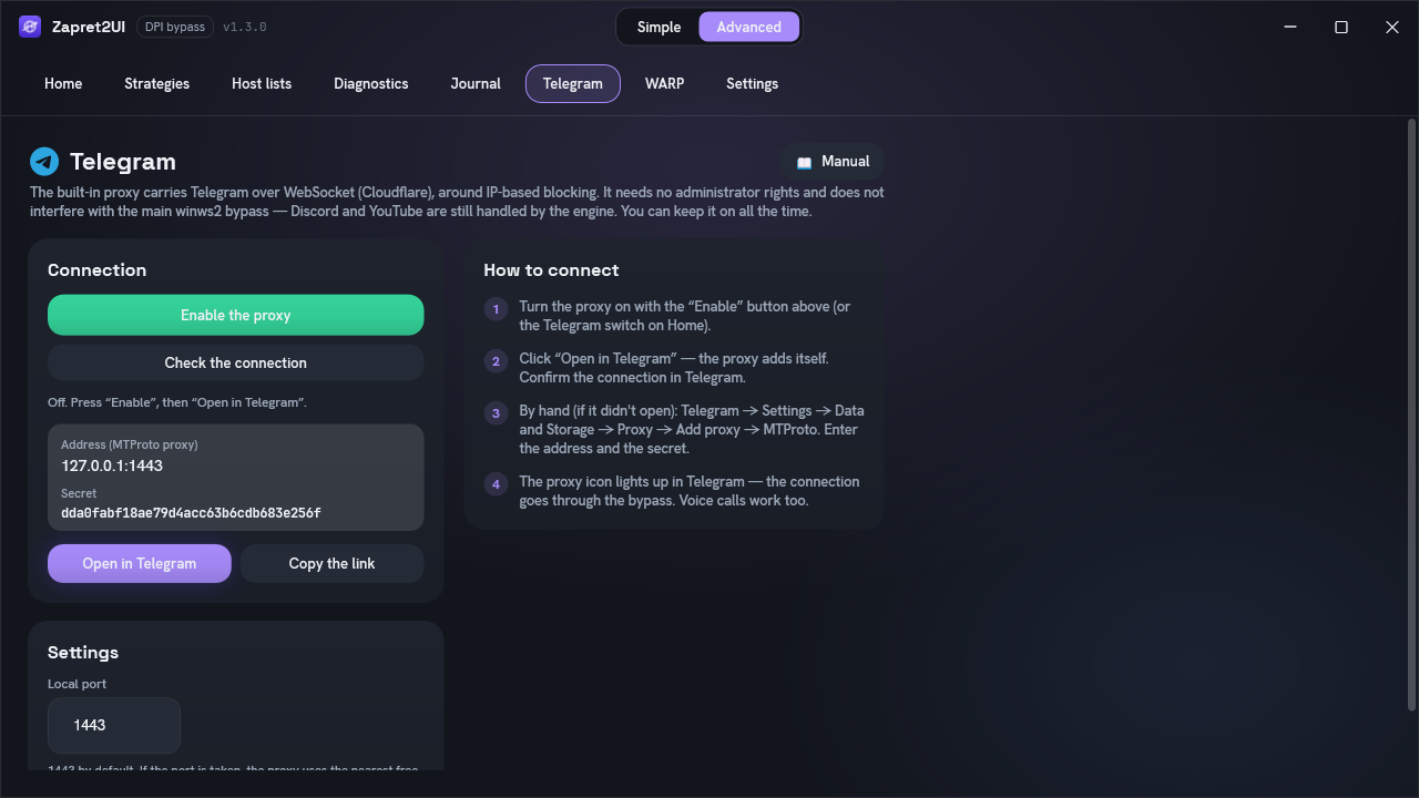 The Telegram tab: turning the built-in proxy on, the address and secret, the Open in Telegram button, the port selector